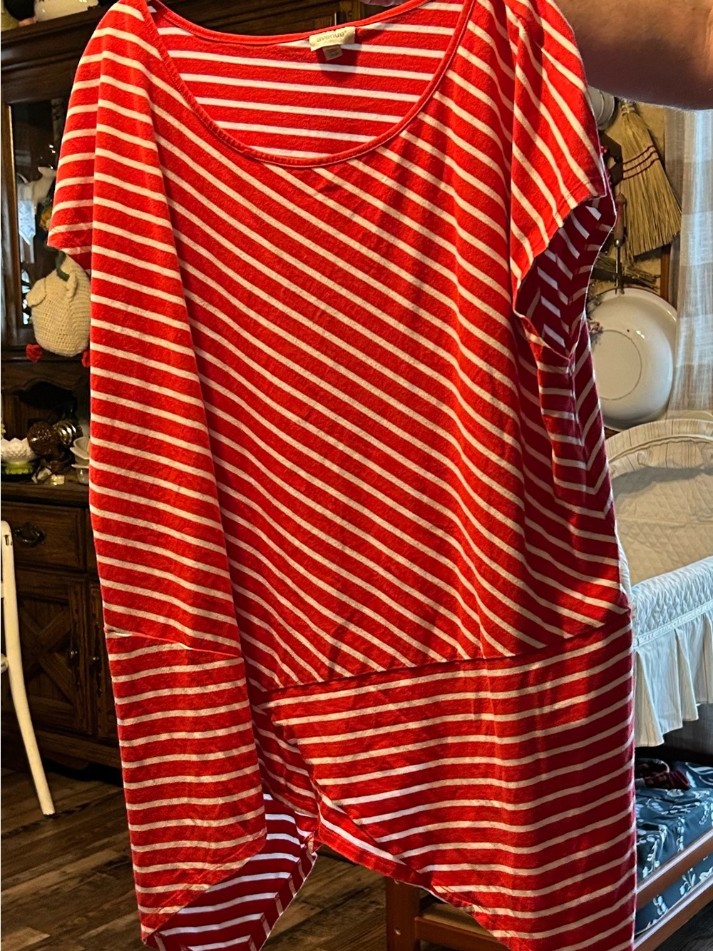 Avenue Red and White Striped Scoop Neck Tee